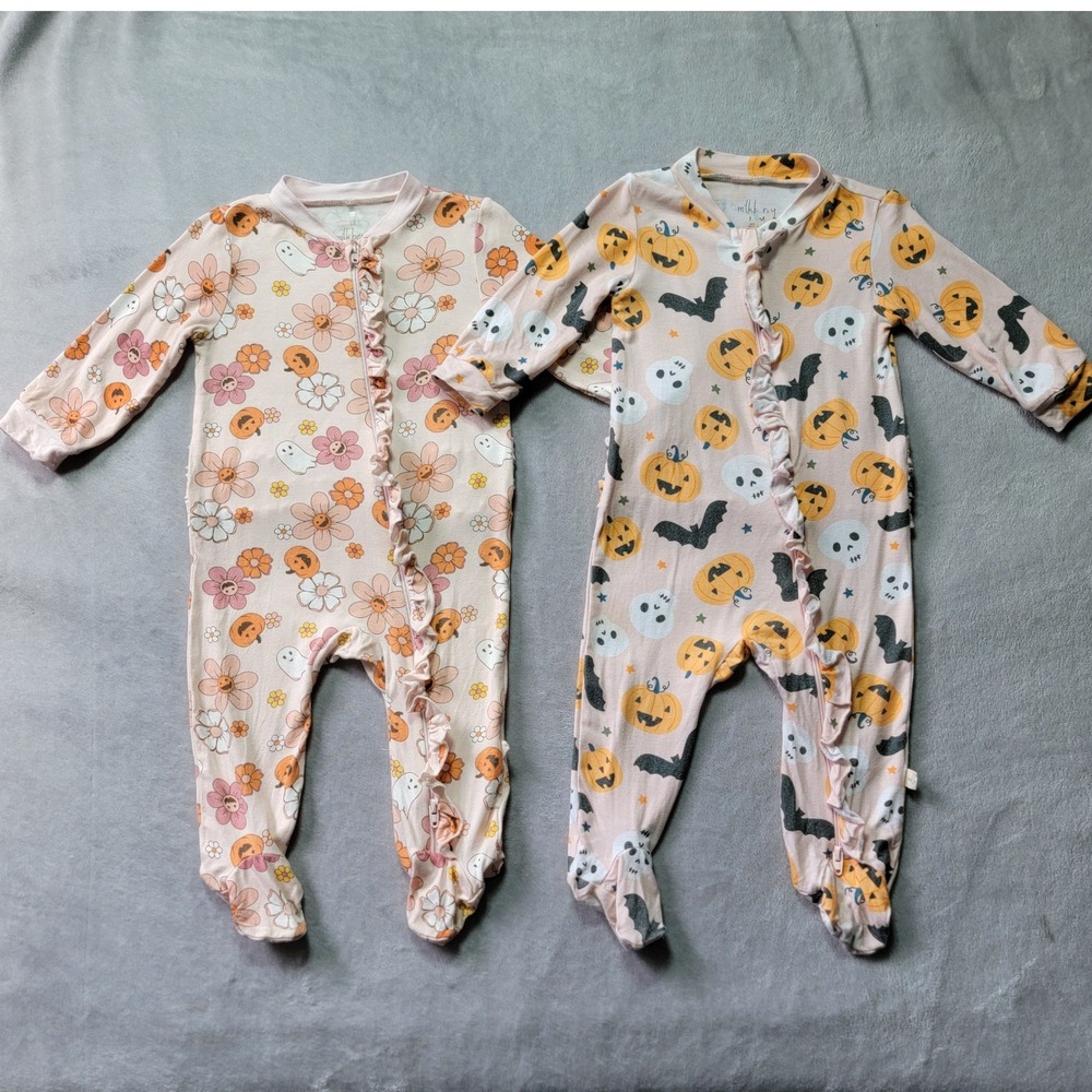 Milkberry Halloween Bamboo Footie Pajamas Set of 2 3-6M Pink Pumpkin Bat Skull